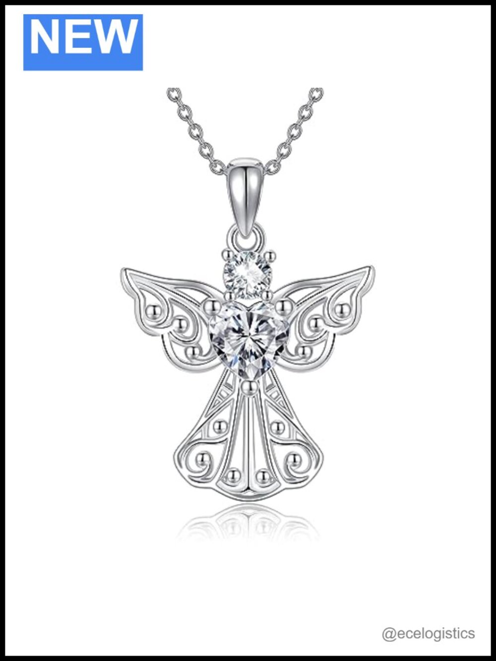 925 Sterling Silver Guardian Angel Wings Necklace CZ Pendant 18in Gift